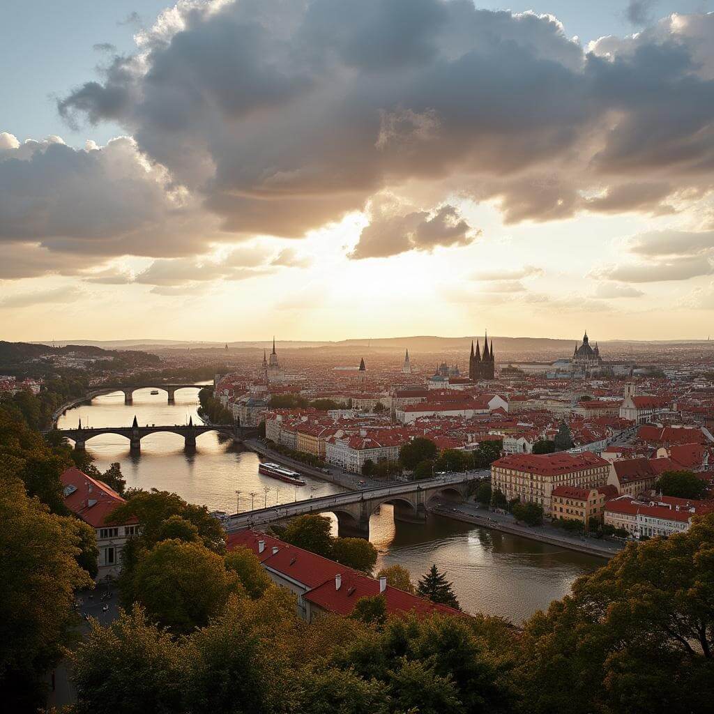 Panoramic view of Vltava River, bridges, and red rooftops from Letná Park at golden hour with dramatic clouds
