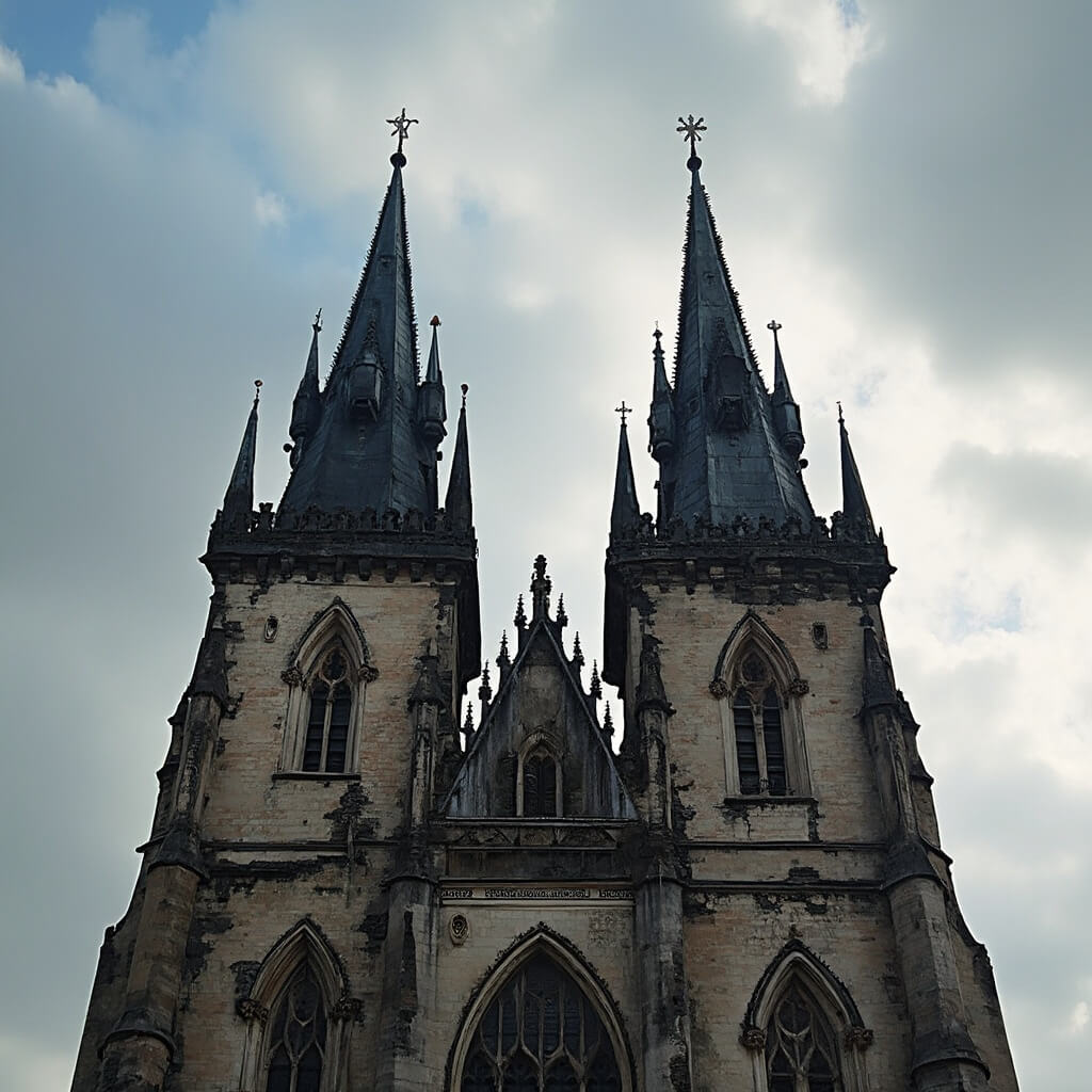 Gothic spires and detailed stone carvings of St. Vitus Cathedral in Prague Castle complex under a dramatic sky with soft lighting
