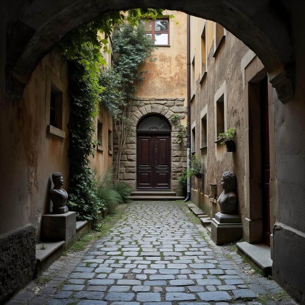 Dimly lit stone archway in Malá Strana leading to an ivy-covered courtyard with ancient stone sculptures, soft natural light, and worn cobblestones