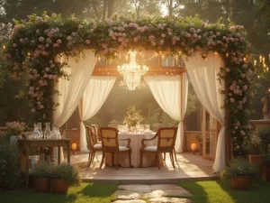 "Vintage garden party at golden hour with canvas pavilion, chandeliers, floral arch, and brass bar cart"