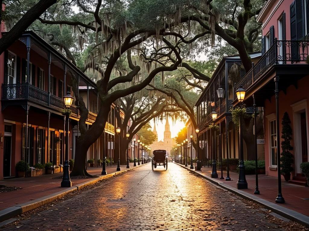 "Savannah's Jones Street at sunset with cobblestones, live oak trees, Spanish moss, 19th-century townhouses, horse-drawn carriage, and Cathedral Basilica in view"