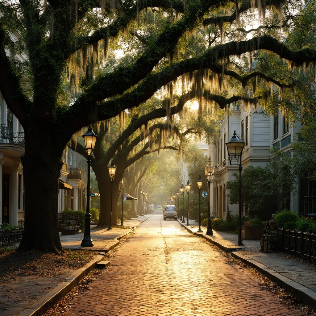 Golden-hour view of Jones Street in Savannah with moss-draped oak trees, historic brick sidewalks and elegant southern-style homes