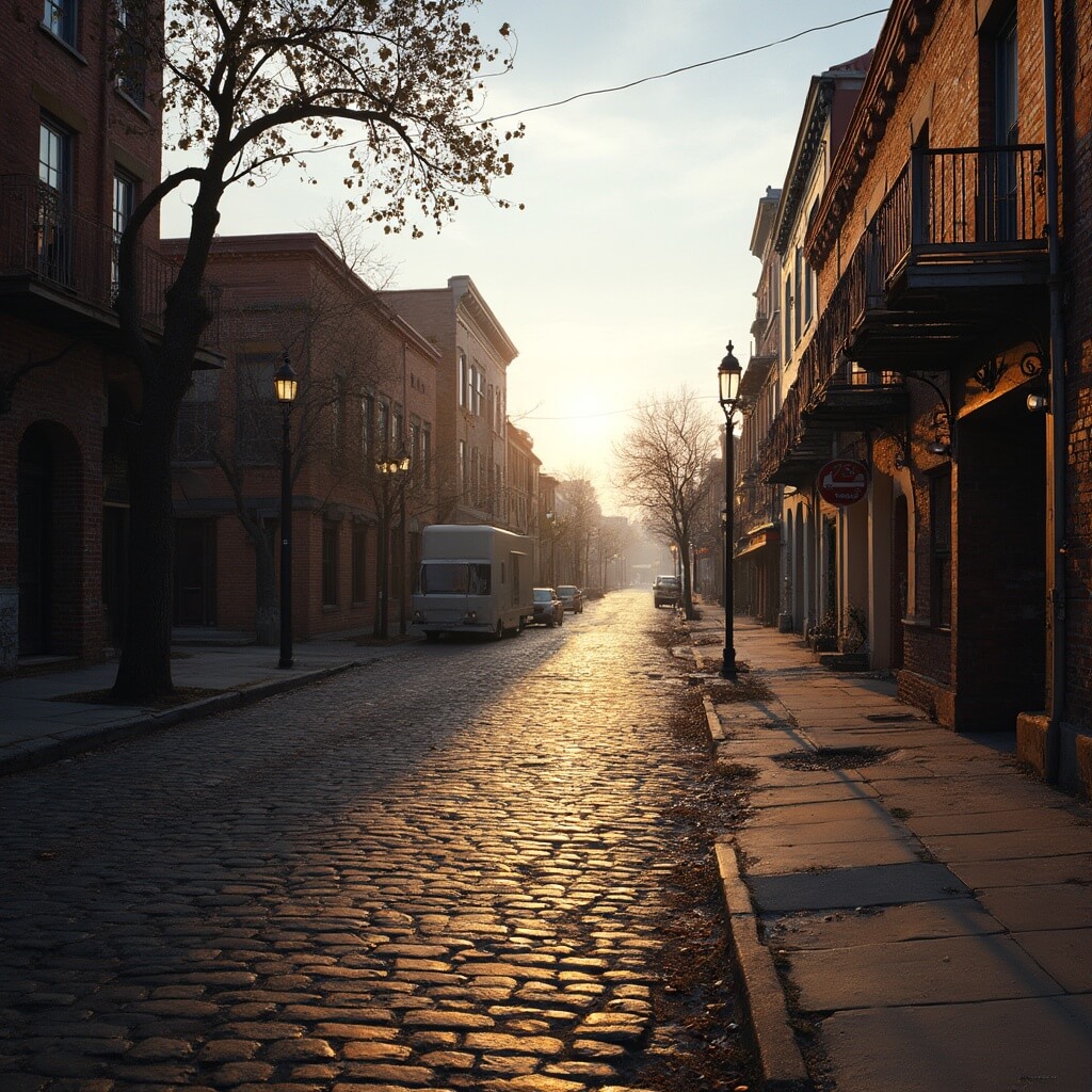 Dawn on River Street in Savannah, showcasing historic brick warehouses, cobblestone street, and curved Savannah River with long shadows in warm morning light