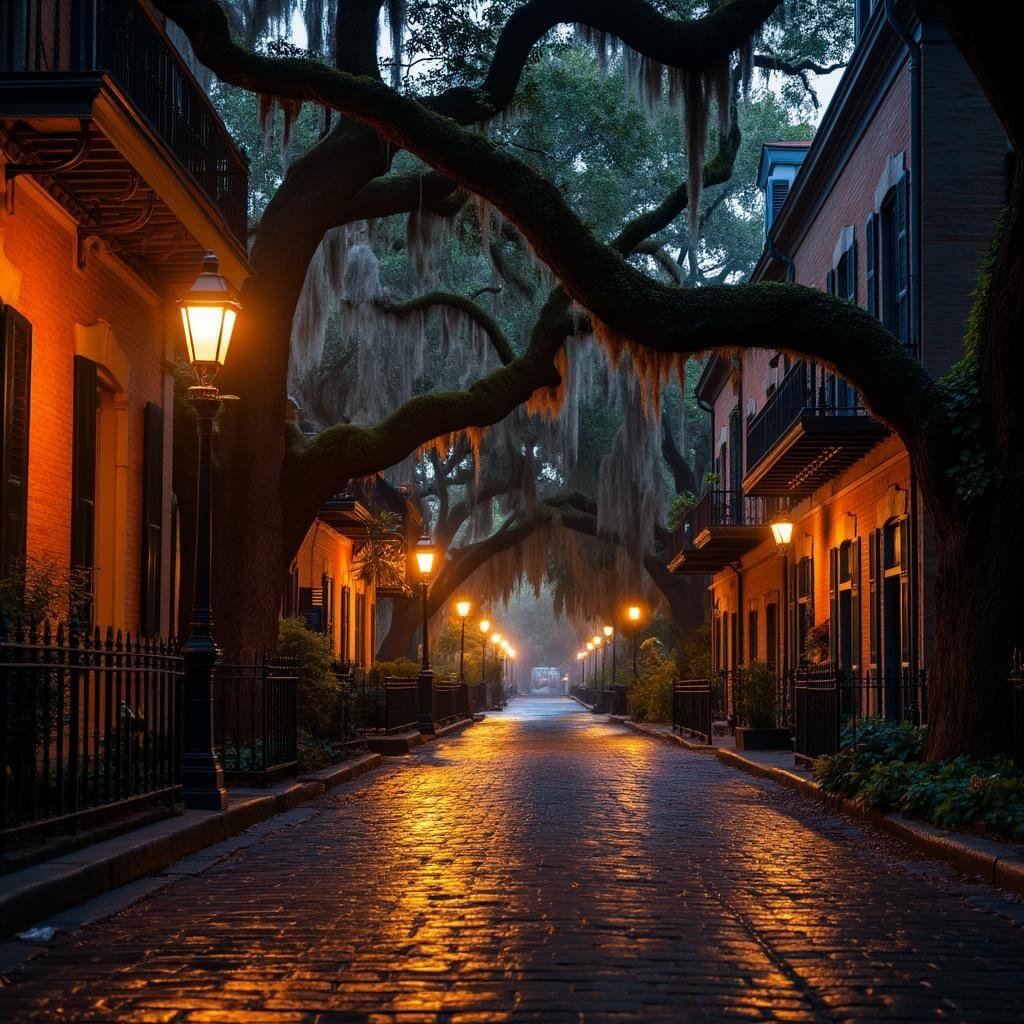 Twilight photo of a Savannah cobblestone street with gas lanterns, Spanish moss on trees, building shadows and light reflections on wet stones