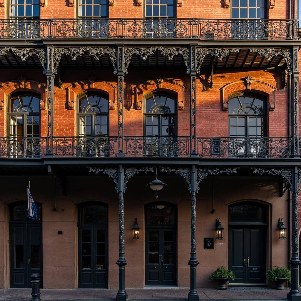 Victorian-era building in Savannah's Historic District with ornate iron balconies and rich brick textures during golden hour