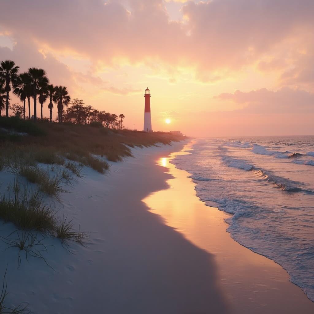 Sullivan's Island beach at sunset with lighthouse, calm Atlantic waters, and silhouetted palmetto trees