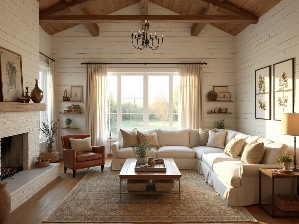 "Cozy, sunlit farmhouse living room with neutral tones, rustic decor, and exposed wooden beams"