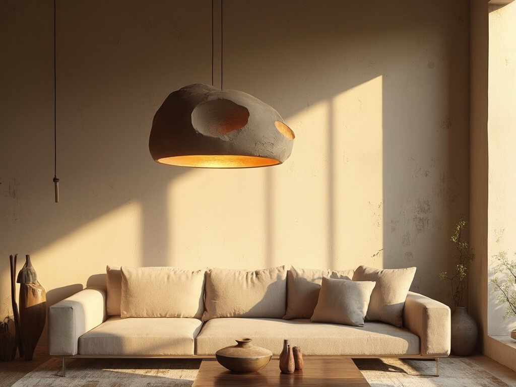 "Wabi-sabi inspired living room with handcrafted clay pendant lamp bathing the room in golden hour light"