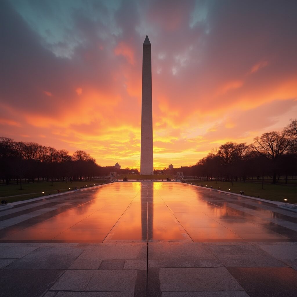 The Washington Monument rising majestically against a vibrant sunset sky