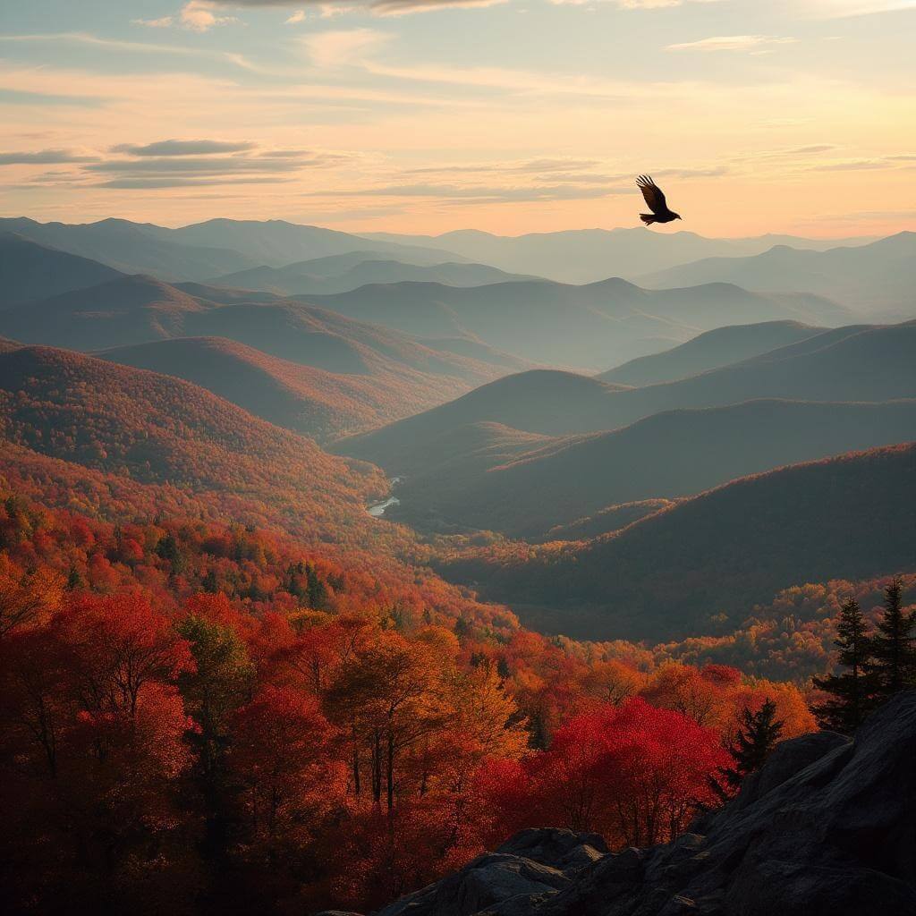 Aerial view of White Mountain National Forest in fall with vibrant foliage colors, distant mountain layers, and a hawk flying in the golden hour sky