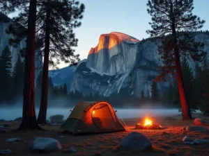 "Camping tent under pine trees at sunset in Yosemite Valley, with Half Dome and El Capitan cliffs in the background and campfire's warm glow illuminating the misty, boulder-strewn valley floor."