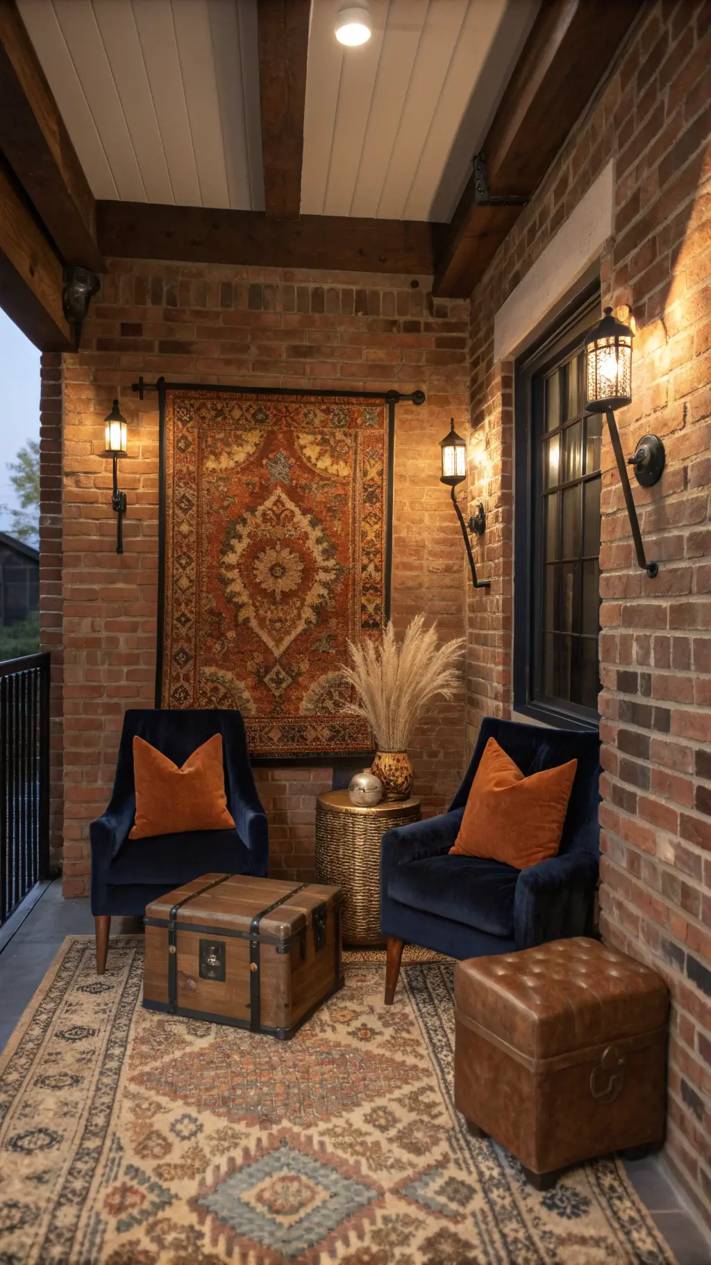 Twilight shot of a cozy den with exposed brick wall, antique tapestry, black iron sconces, navy velvet armchairs with orange pillows, oversized leather ottoman, vintage trunk side table, and handwoven wool rug.