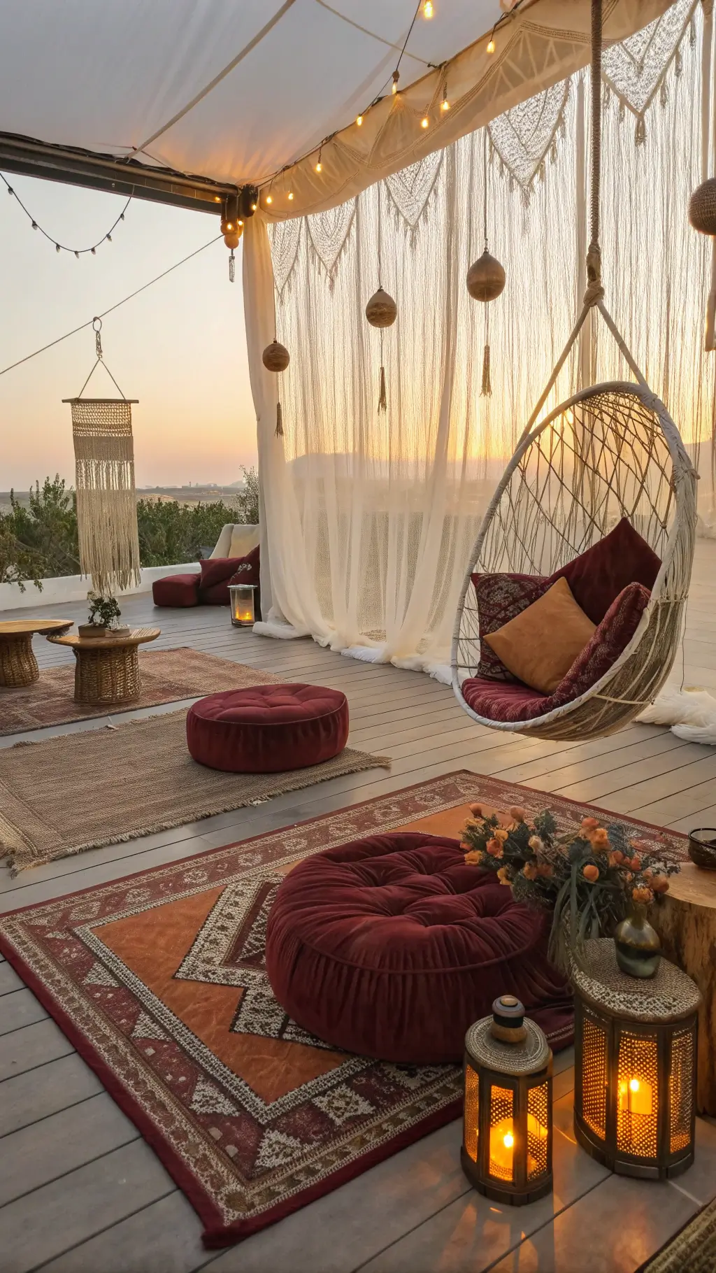 Bohemian-inspired lounge space during golden hour with vintage cushions, Moroccan rugs, rattan hanging chair, brass side tables, amber glass lanterns and vintage vessels with dried flowers.
