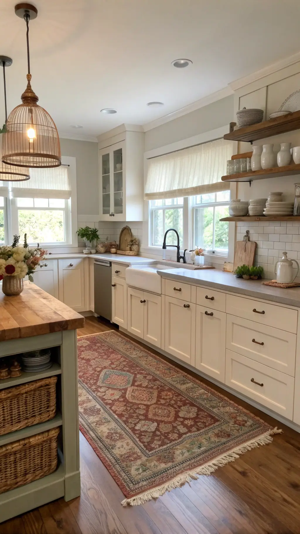 Sunrise in a vintage 10x10ft farmhouse kitchen with light streaming through white roman shades onto cream cabinets, a Persian runner on wooden floors, a gray island with a reclaimed wood top, open shelving with white pottery and copper cookware, fresh flowers in a white pitcher, and woven pendants casting shadows.