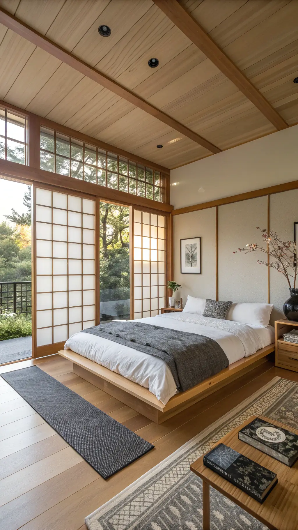 Brightly lit serene 15x20ft bedroom with cedar bed, bamboo flooring, built-in storage, and cherry blossom in a vase, shot from a 45-degree angle for a dreamy morning atmosphere.