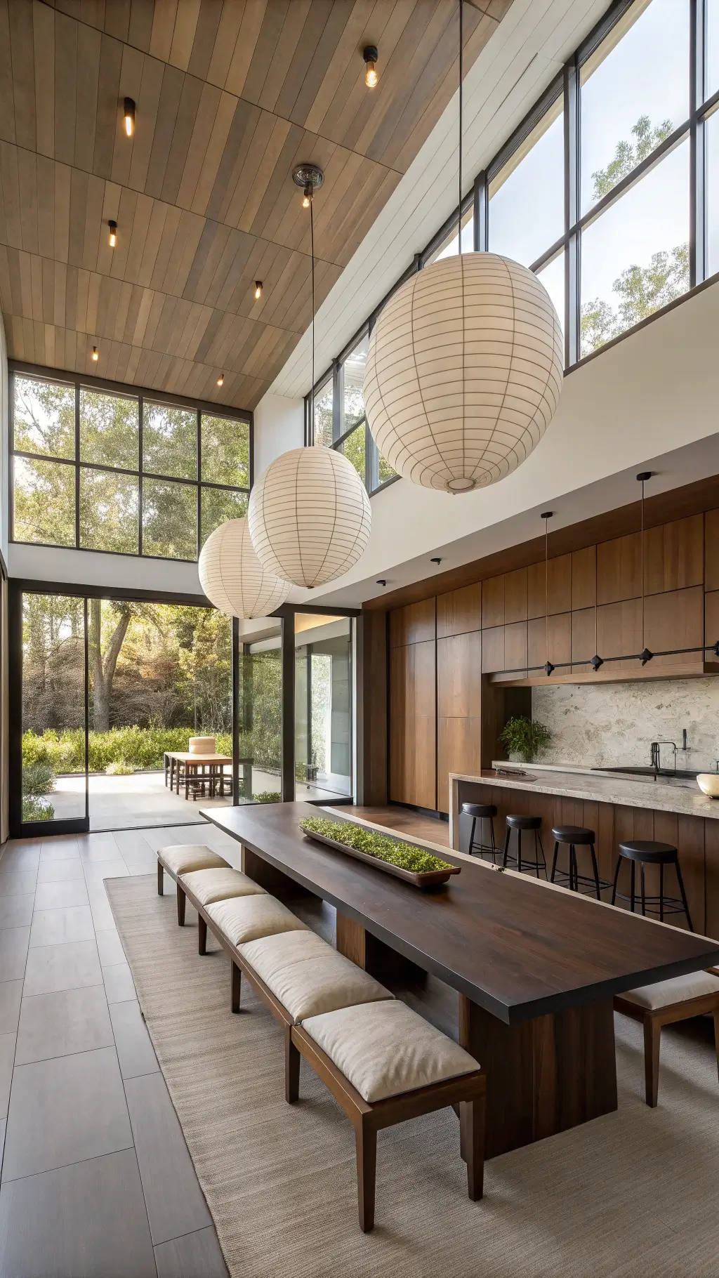 Aerial view of a spacious, double-height dining area featuring a long black walnut table with integrated bench seating, pendant lights in handmade washi paper, sliding panels revealing a kitchen garden, and floor-to-ceiling windows allowing natural light.