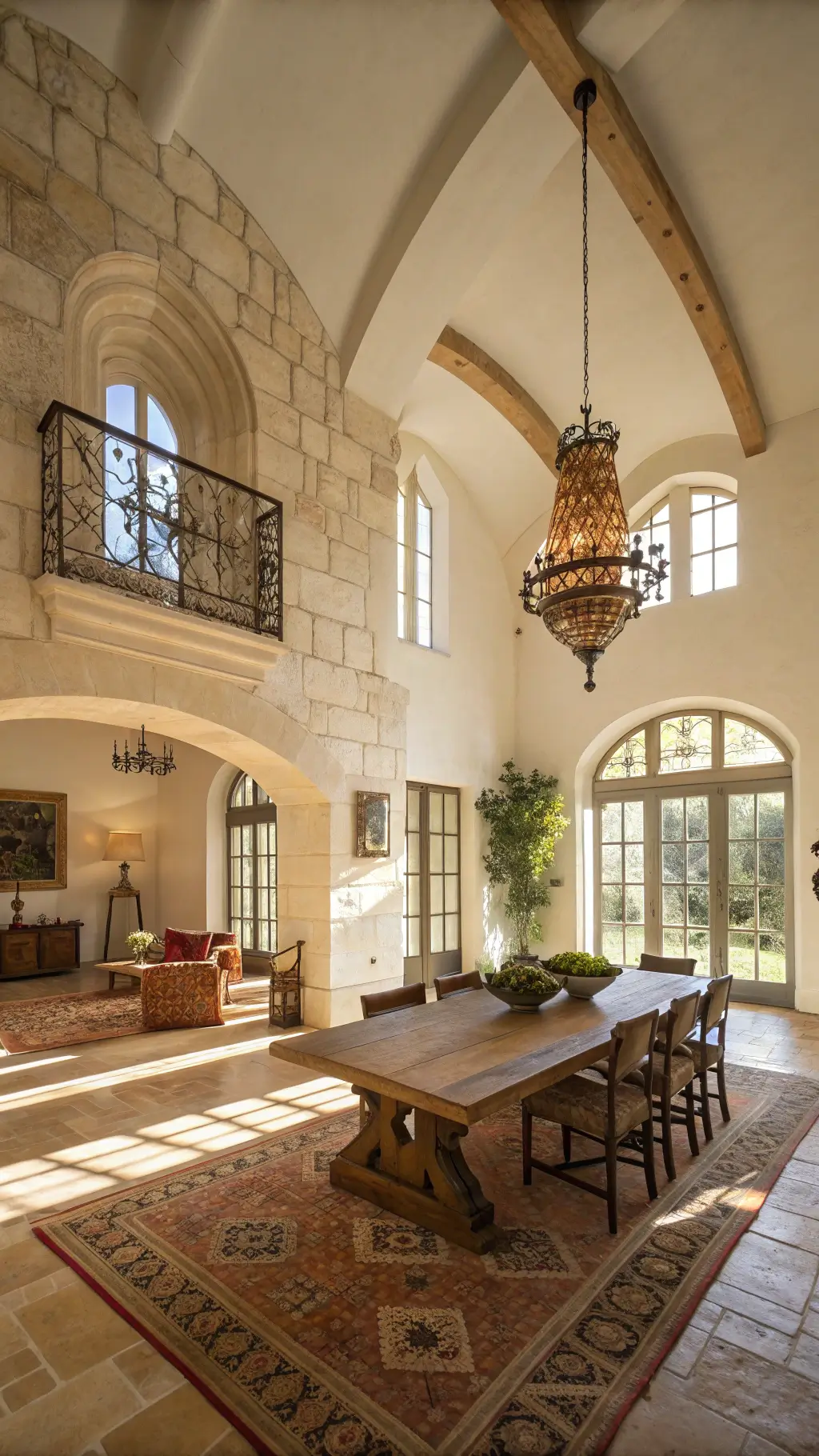 Sunny Mediterranean living room with vaulted ceilings, limestone archways, a large oak dining table, kilim rugs on terracotta tiles, and wrought iron pendant lights