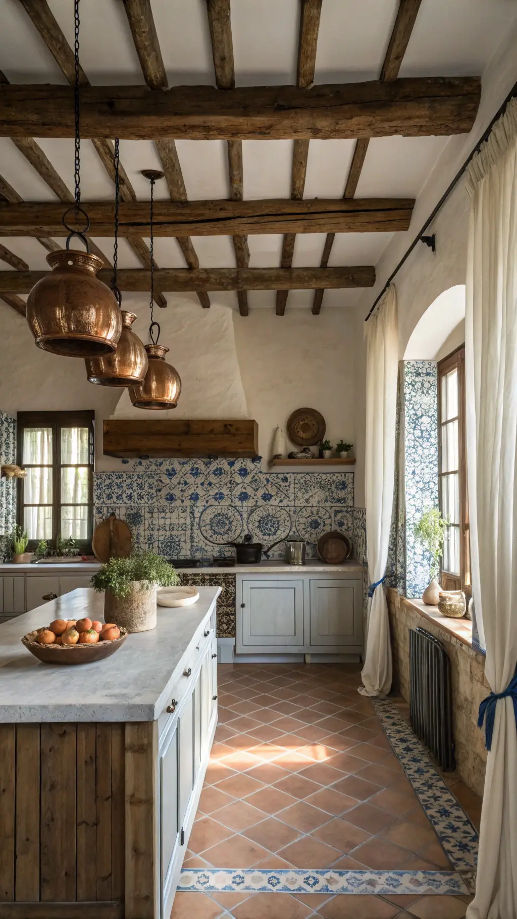 Mediterranean kitchen with wooden ceiling beams, handpainted tiles, vintage copper pots, and olive wood island under morning light