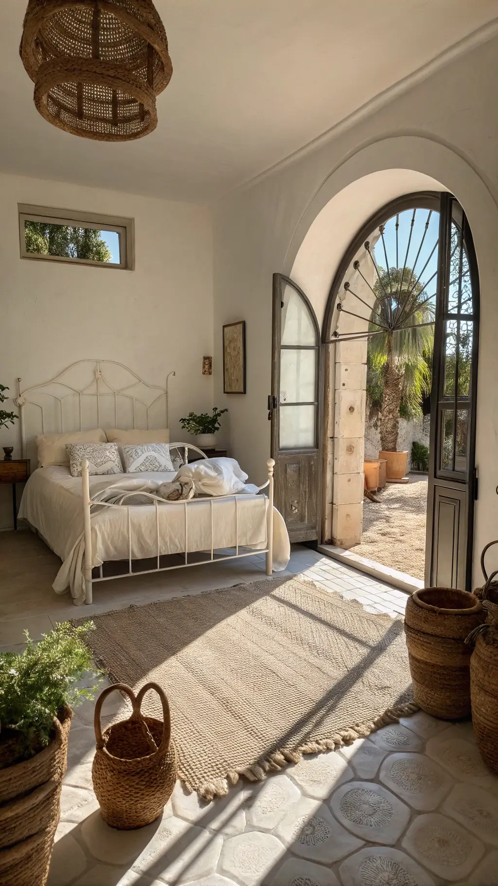 Luxurious master bedroom with iron bed, ivory linens, jute rug, and pottery, with arched doorway leading to private courtyard, bathed in soft dawn light.