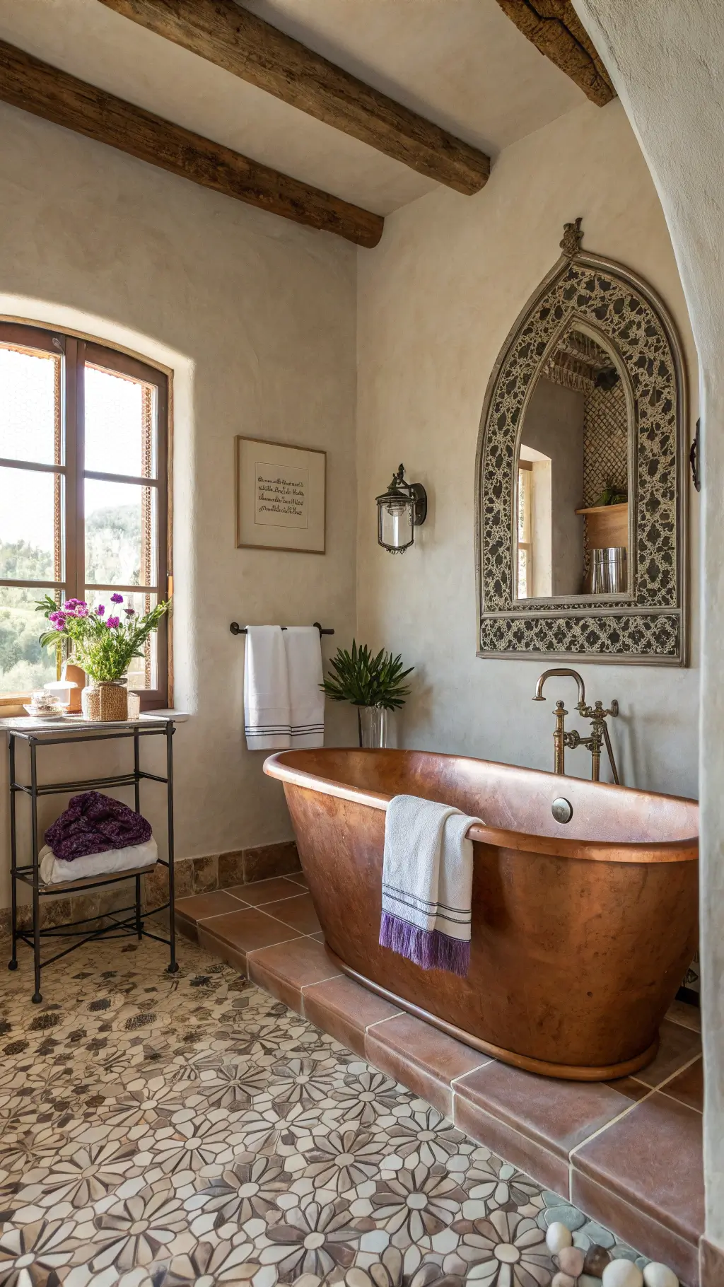 A tranquil, spa-like bathroom with a freestanding copper tub, hand-troweled plaster walls, Moorish mirror, and a walk-in shower with pebble floor, beautifully lit by afternoon light and accented with potted lavender and rolled Turkish towels.