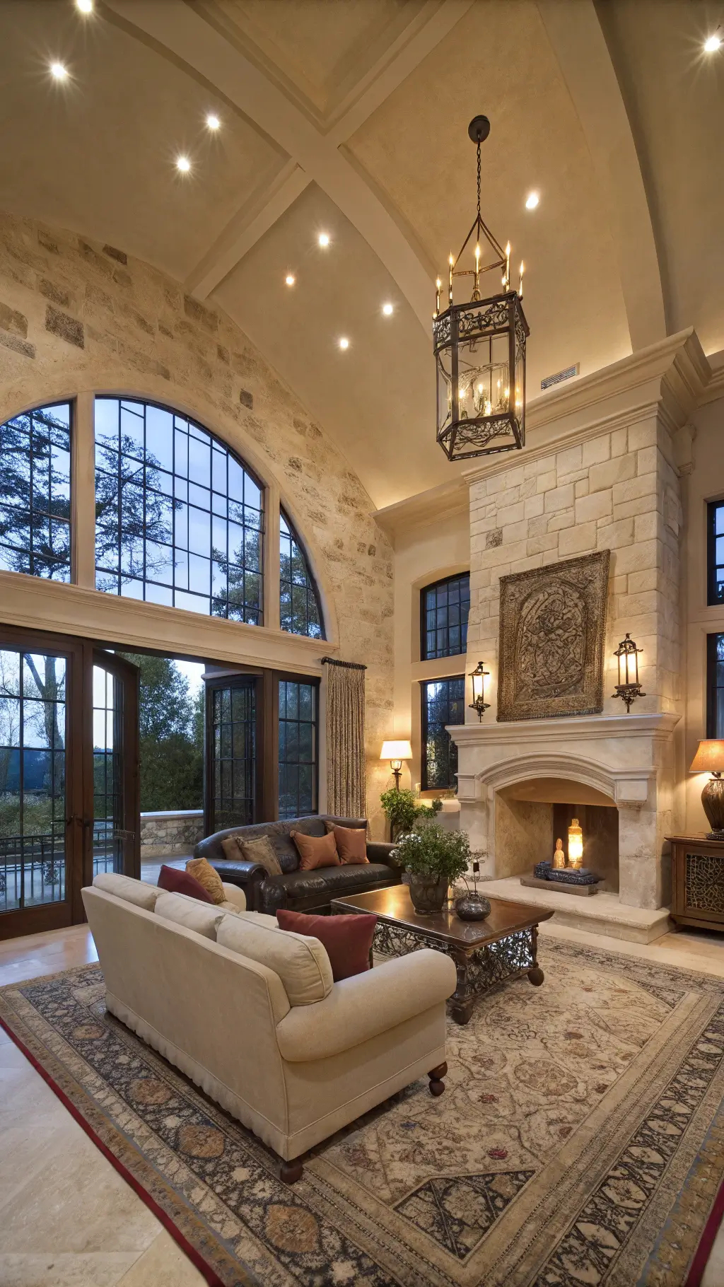 Elegant 22x24ft great room featuring a 15ft curved plaster ceiling, limestone fireplace, and iron-framed windows filtering dusk light. The room is furnished with a large linen sectional, vintage leather chairs, brass lanterns, and ceramic vessels atop layered vintage rugs.