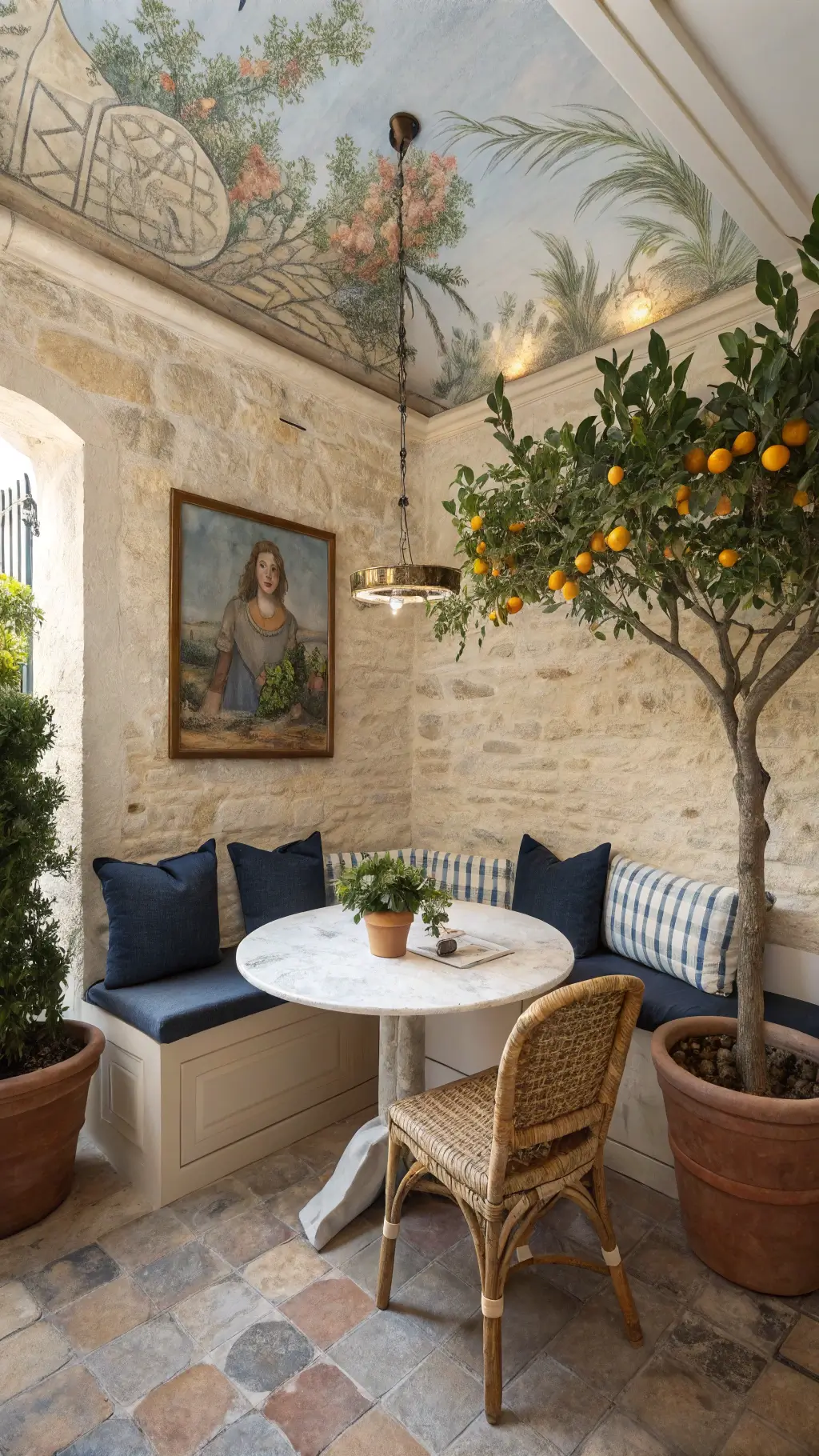 Early morning light striking a charming 10x12ft breakfast nook with rustic stone walls, a hand-painted ceiling mural, an surrounded marble bistro table, indigo-cushioned banquette, woven cafe chairs, potted citrus trees, and handmade pottery