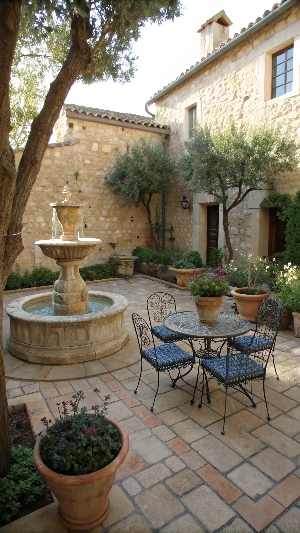 Elevated view of a serene Mediterranean courtyard featuring a limestone fountain, terra cotta pavers, and a wrought iron dining set with blue and white textiles, surrounded by rosemary and lavender-filled clay pots against weathered stone walls and filtered midday light through olive trees.
