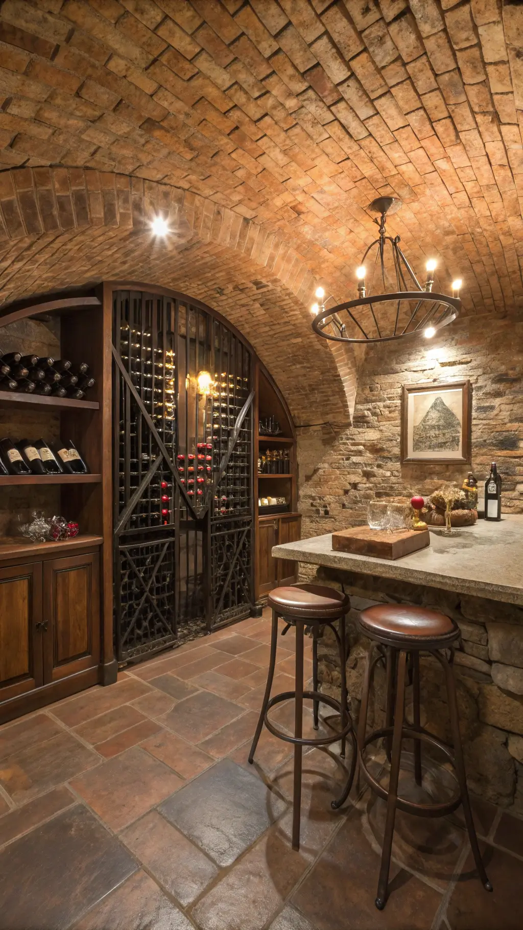 Vaulted brick ceiling and rustic stone walls of a small, intimate wine cellar with warm accent lighting, custom iron wine racks, an antique tasting table with leather stools, vintage wine crates, and copper accessories
