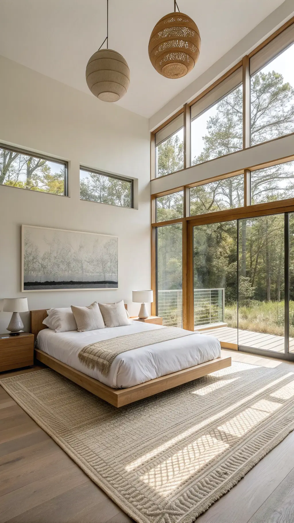 Bright and airy 14x16ft minimalist primary suite featuring floor-to-ceiling windows with automated linen shades, custom platform bed in bleached maple with white organic cotton bedding, handcrafted ceramic pendant lights, oversized abstract art, and a jute rug with geometric pattern in mid-afternoon daylight.