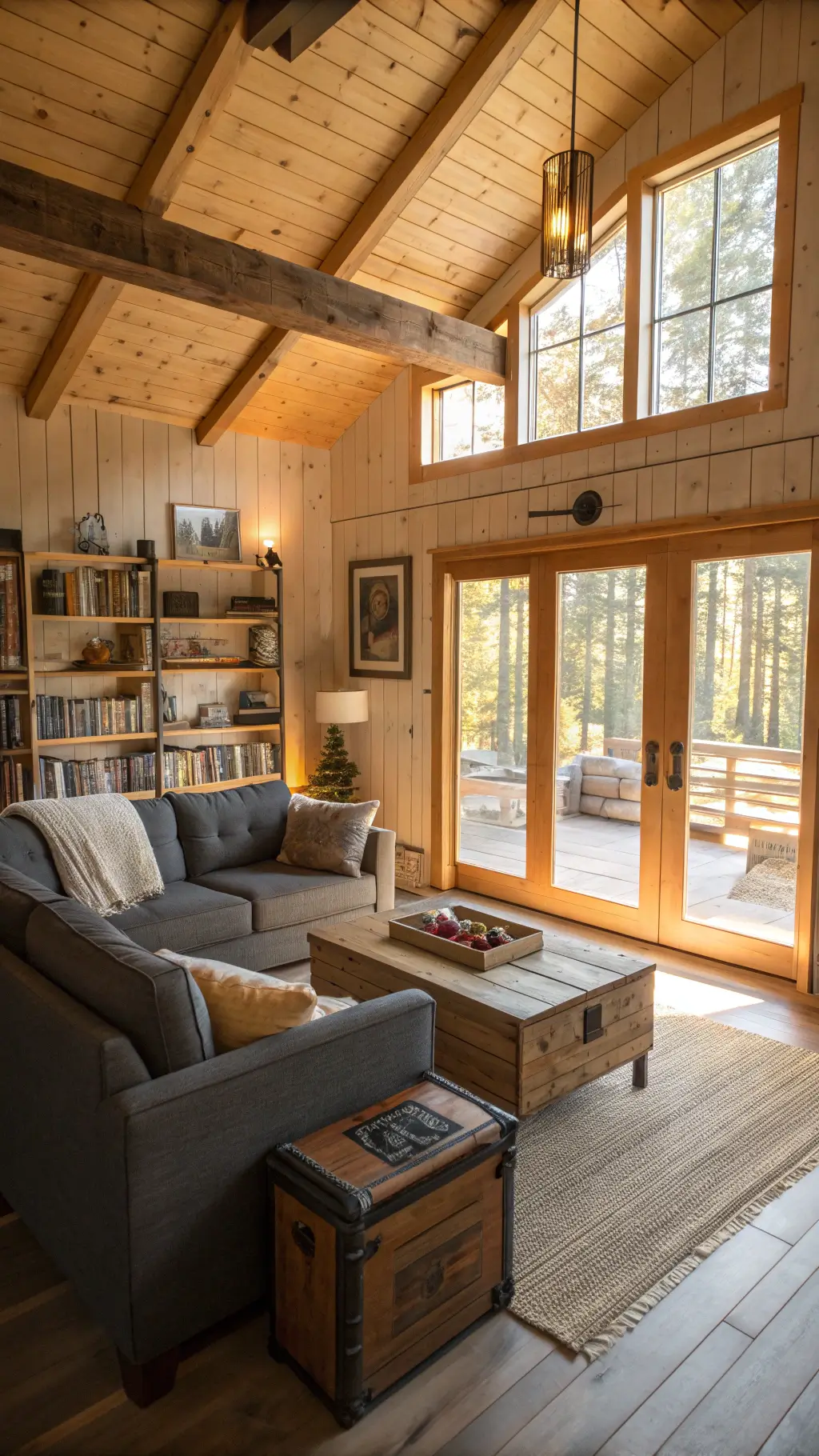 Modern rustic cabin interior in golden sunlight with pine walls, charcoal gray sectional, vintage trunk coffee table and floating oak shelves