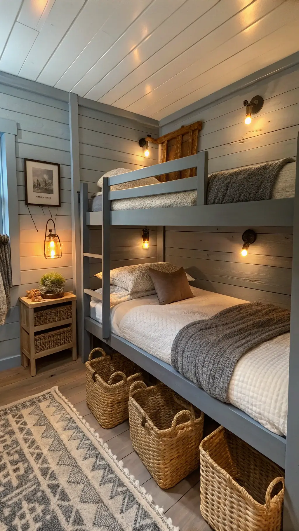 Cozy cabin bedroom nook featuring walnut twin bunk beds, linen bedding, and chic decor during blue hour