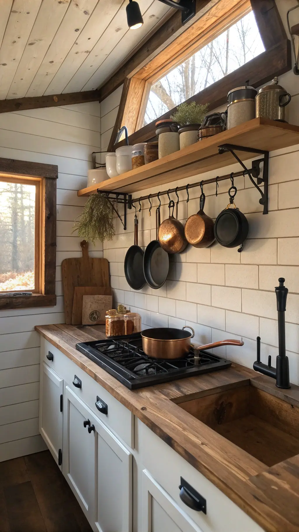 Cabin kitchenette with reclaimed wood shelving, black hardware, soapstone countertops, hanging copper pots, and subway tile backsplash under morning skylight illumination
