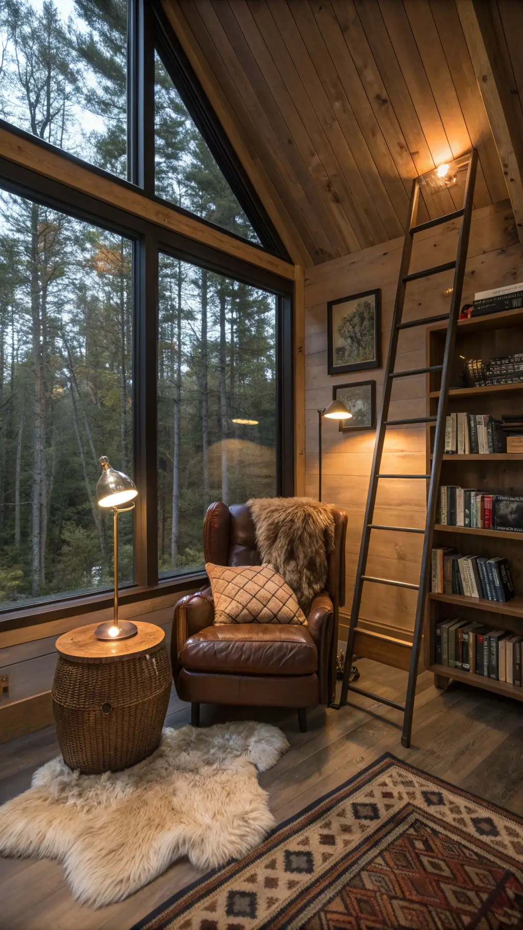 Dusk view of cozy cabin reading nook with floor-to-ceiling windows, oversized leather armchair, copper side table, faux fur throw, handwoven pillows, industrial floor lamp, and built-in bookshelf with leather-bound books