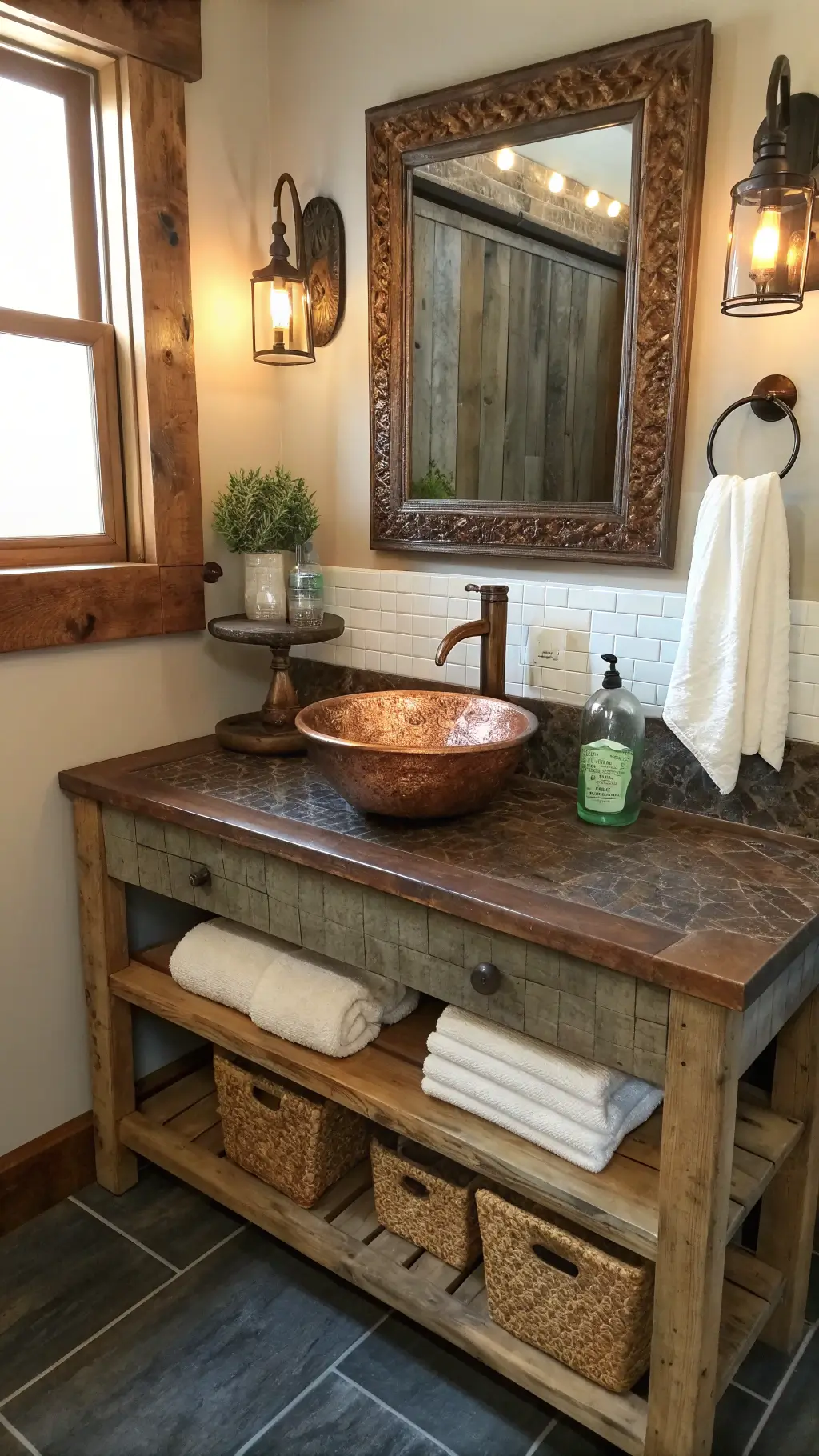 Close-up shot of a rustic bathroom featuring a reclaimed wood vanity with hammered copper vessel sink, vintage bronze mirror reflecting morning light, mason jar sconces, open shelving with rolled Turkish towels, a eucalyptus bundle and slate floor tiles.