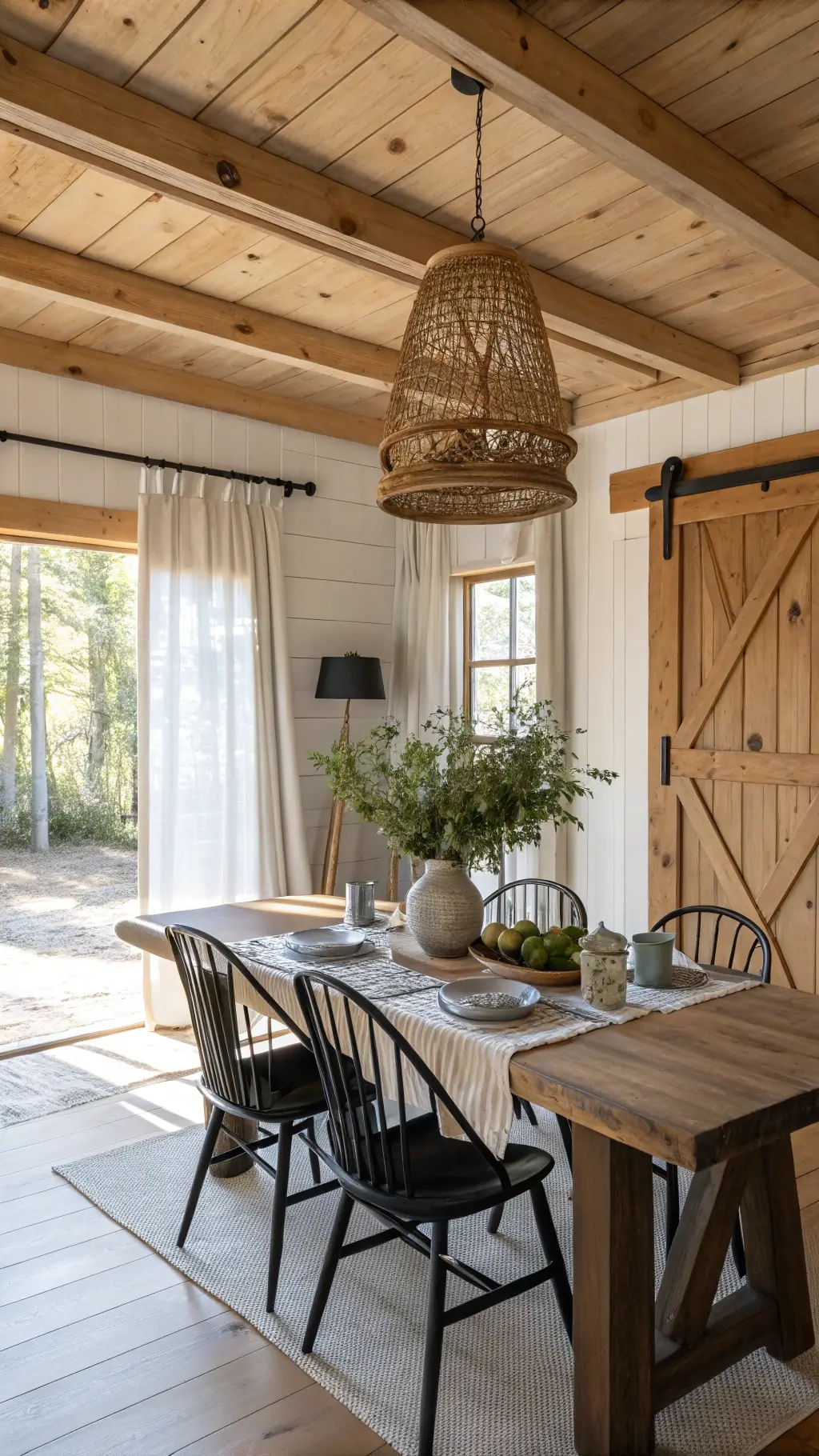 Overhead view of a rustic cabin dining space with live-edge oak table, black Windsor chairs, woven pendant light, and barn door, beautifully styled with ceramic plates, fresh greenery in earthenware vase, and linen runner.
