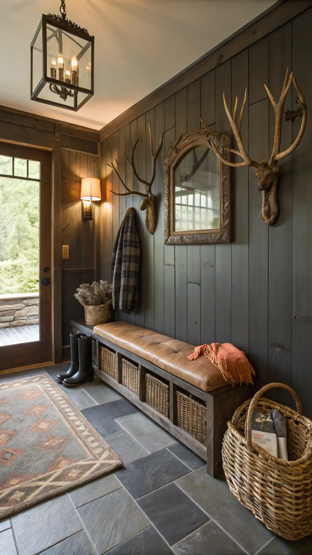 Cozy cabin entryway with branch-segment coat hooks, vintage bench with boot storage, woven basket with accessories, antique mirror, industrial sconce and wool rug on slate floor during late afternoon.