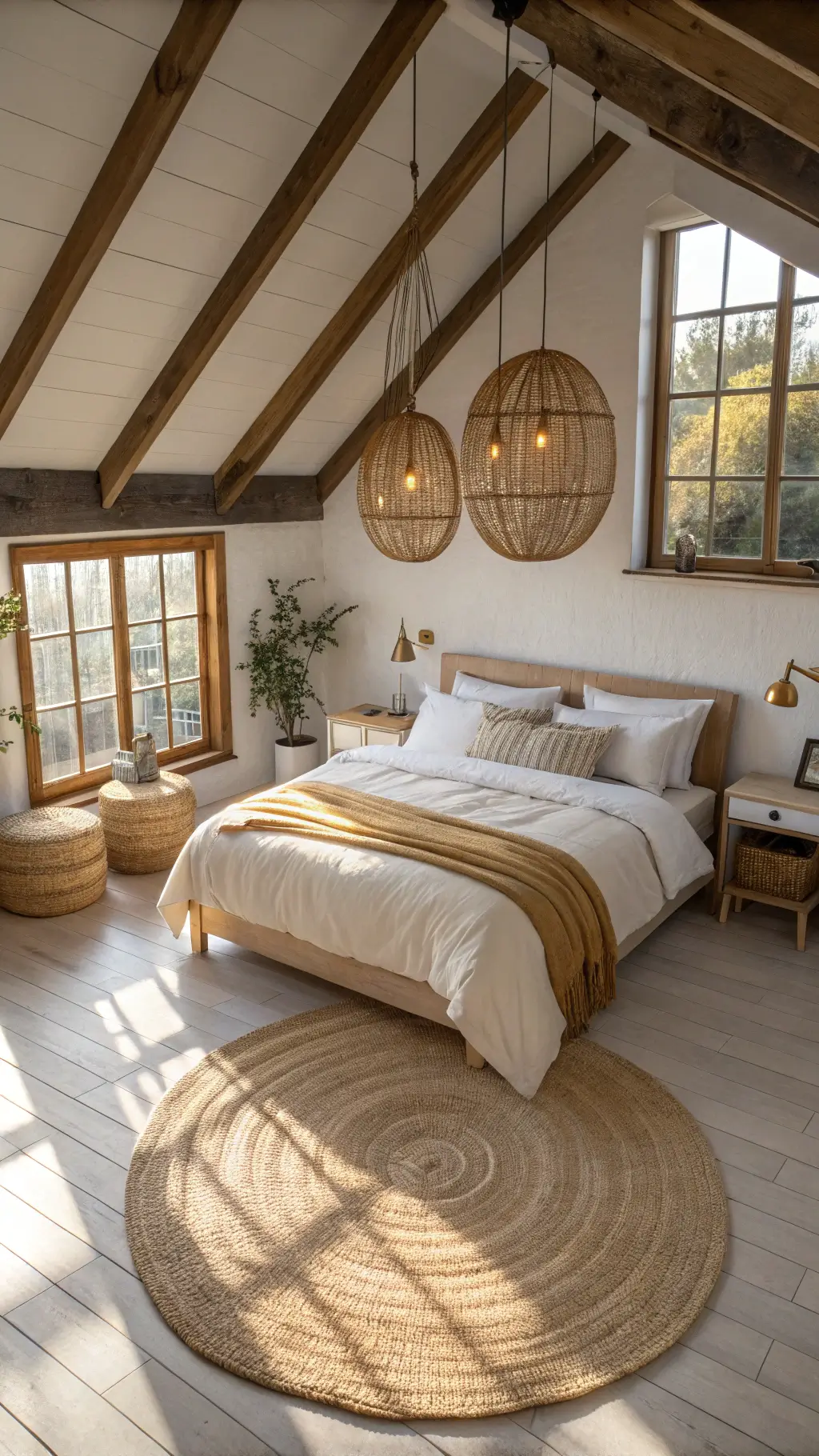 Bird's eye view of loft bedroom at sunrise showing queen bed with warm white and natural toned linen, floating nightstands with pottery and lamps, rattan pendant lights, a round jute rug and sheepskin throws, with light streaming through dormer windows.