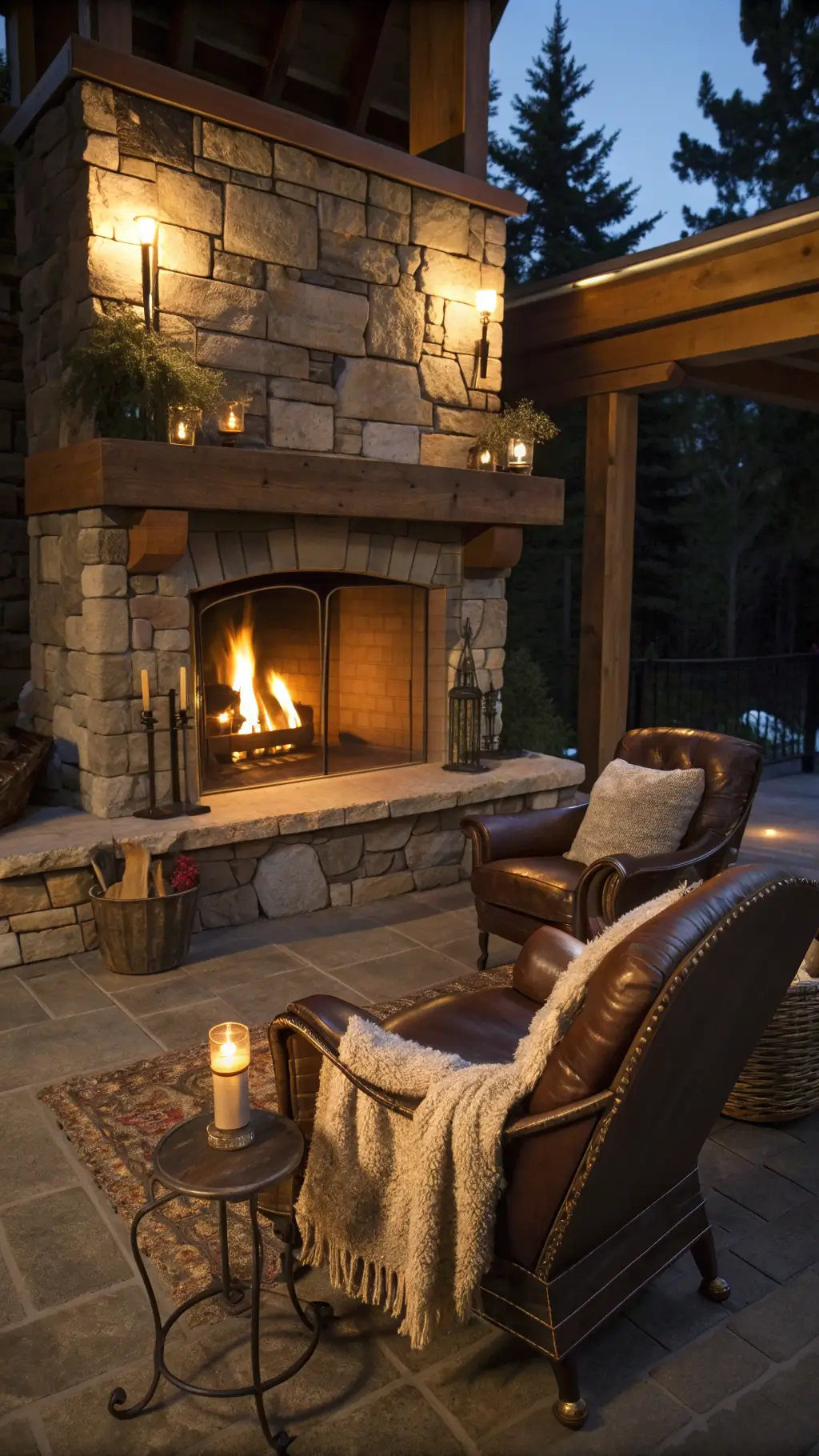 Cozy fireside scene at twilight with leather club chairs, wool throws, candlelight, fire glow from stone fireplace framed by reclaimed timber mantel and stacked firewood in built-in niche.