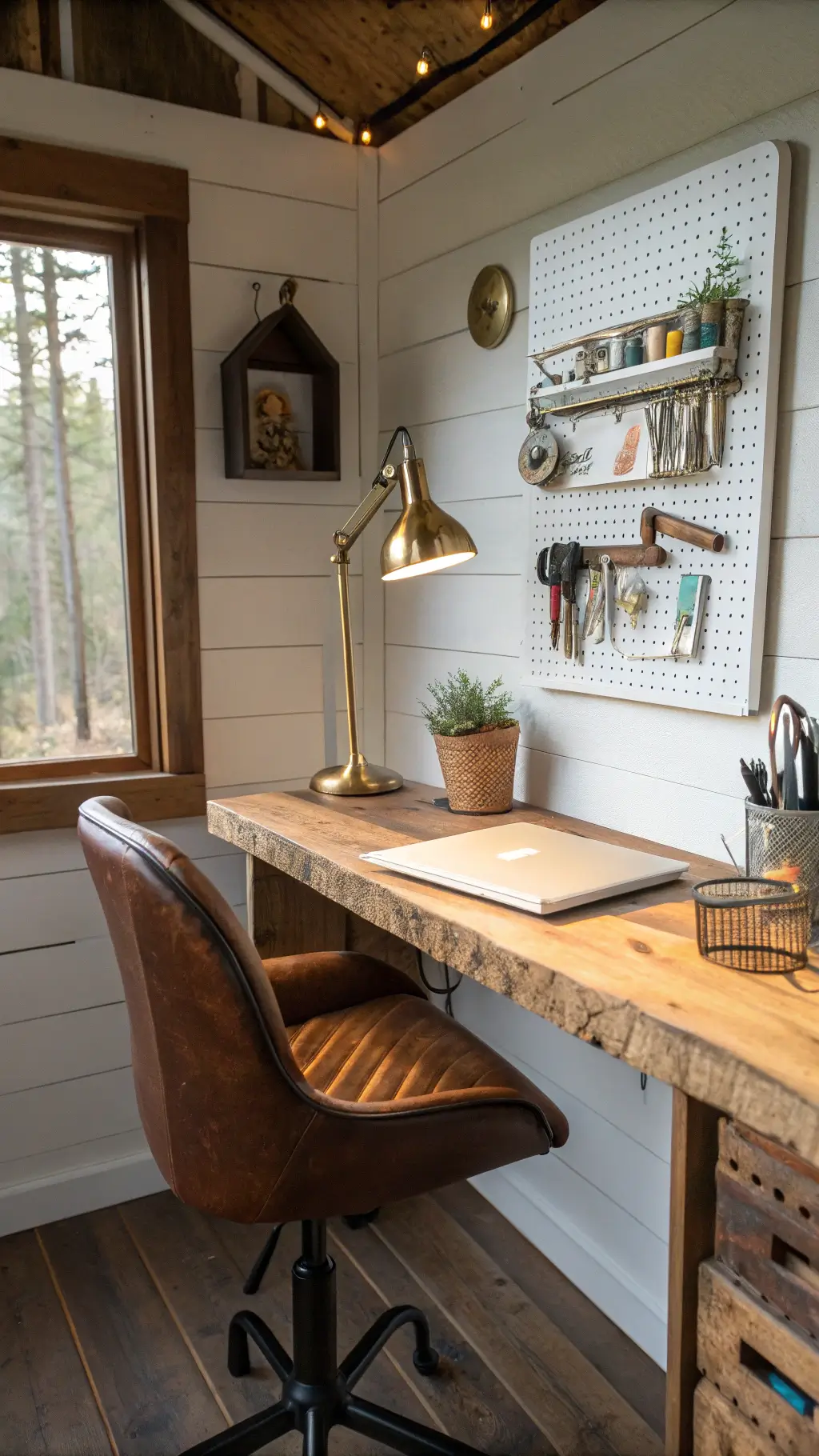 Cabin workspace with live-edge floating desk, vintage industrial chair, brass task lamp, and pegboard tool organizer in warm afternoon light, focus on desk surface details.