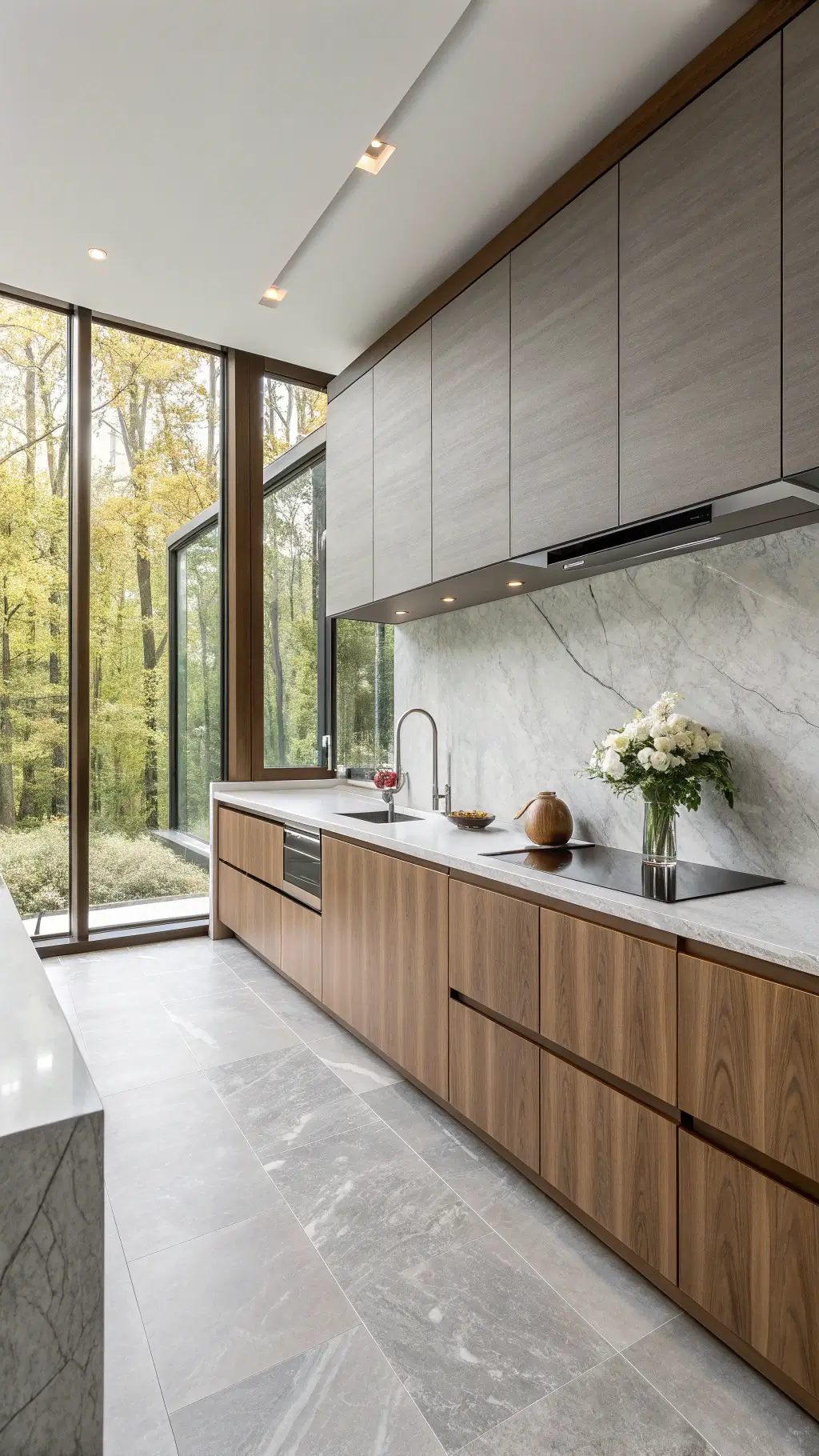 Minimalist 18x20ft kitchen with pale gray quartzite slab backsplash, walnut cabinets, floor-to-ceiling windows, and styled with a floral arrangement and geometric ceramics.