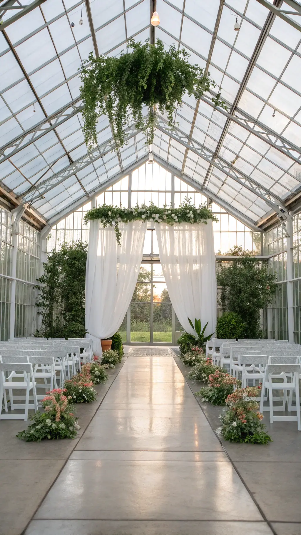 Elevated rear shot of a greenhouse lit by natural light filtering through climbing vines and sheer white draping, revealing a ceremony setup with 20 lucite chairs, central aisle lined with potted herbs and floating floral installation, against a backdrop of architectural steel frame and glass panels.
