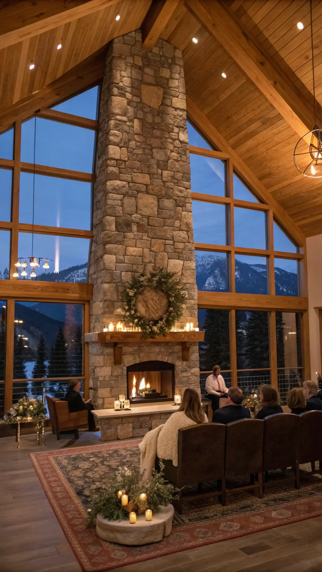 Mountain lodge great room with stone fireplace and timber ceiling, decorated in warm woods, grey stone, cream, and forest green color palette. Twenty guests seated on leather chairs with faux fur throws, around fireplace with winter floral installation and candles. Room illuminated by firelight and warm artificial lighting, visible through floor-to-ceiling windows revealing mountain views. Shot from mezzanine level showing room layout.