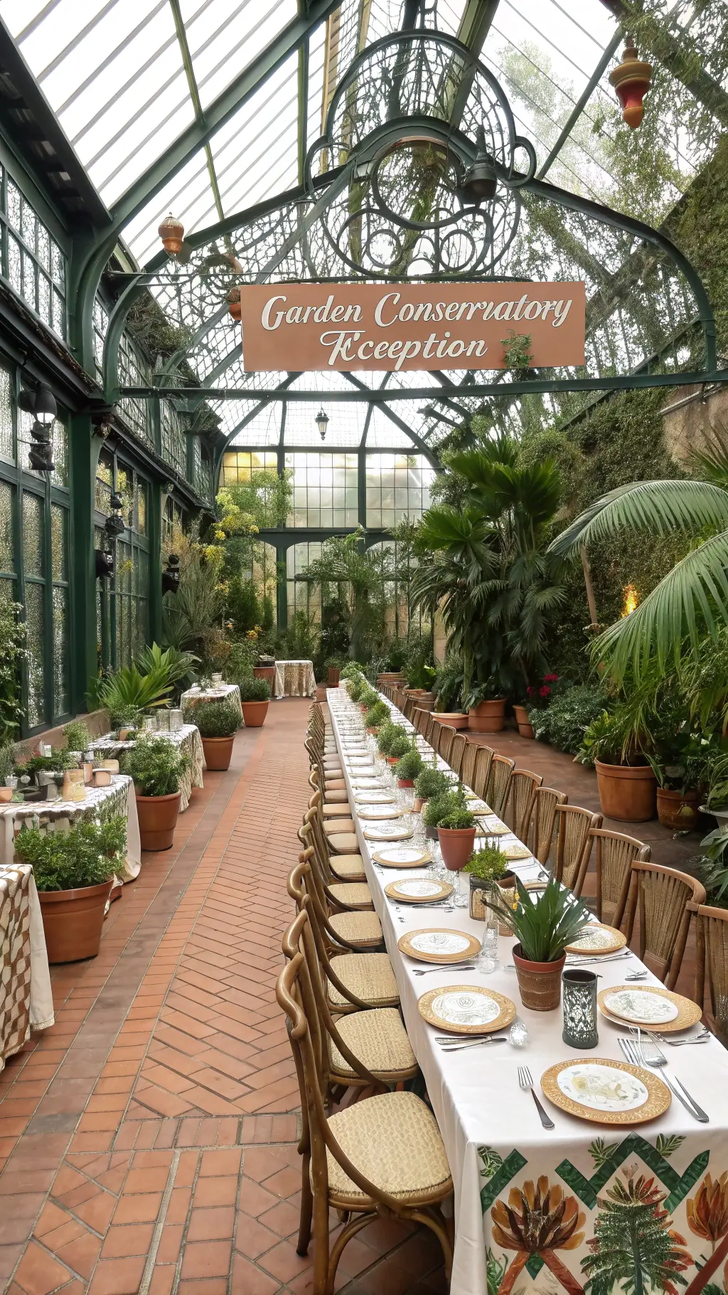 Victorian-era garden conservatory filled with tropical plants, featuring long tables in a U-shape arrangement with vintage botanical prints and terra cotta pot centerpieces, under bright midday light.