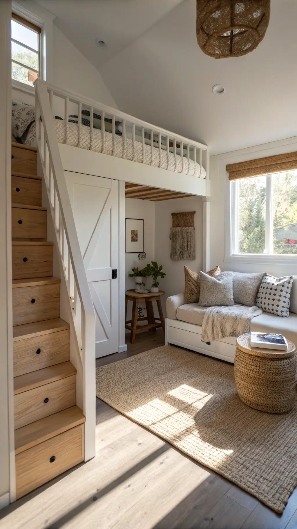 Scandinavian-style 11x13ft guest room featuring white oak loft bed, built-in storage stairs, lounge area with sofa bed, minimalist coffee table, texturized elements like linen bedding and wool throws, maximized hidden storage, bathed in dramatic afternoon shadows from natural side lighting.