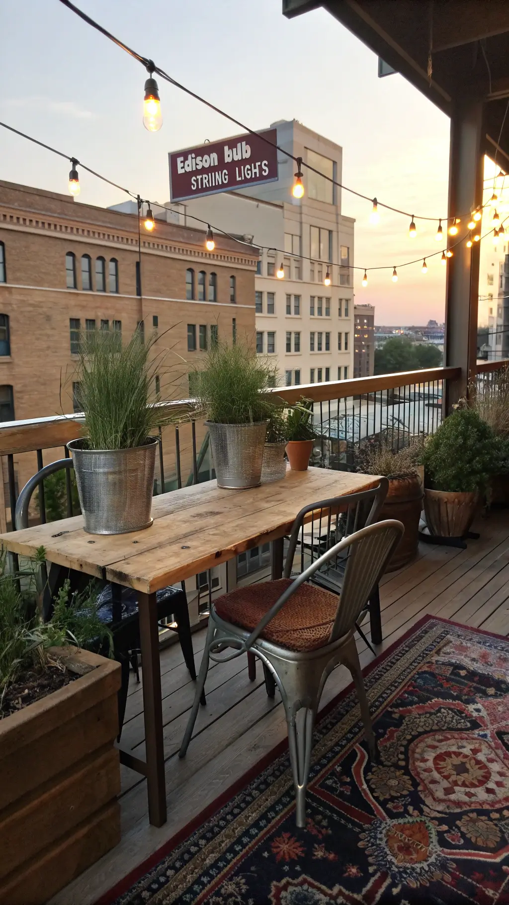 Vintage industrial styled balcony during golden hour featuring restored factory chairs, reclaimed wood table, galvanized metal planters with herbs and grasses, Edison bulb string lights, vintage sign on privacy wall, and a faded Persian rug.