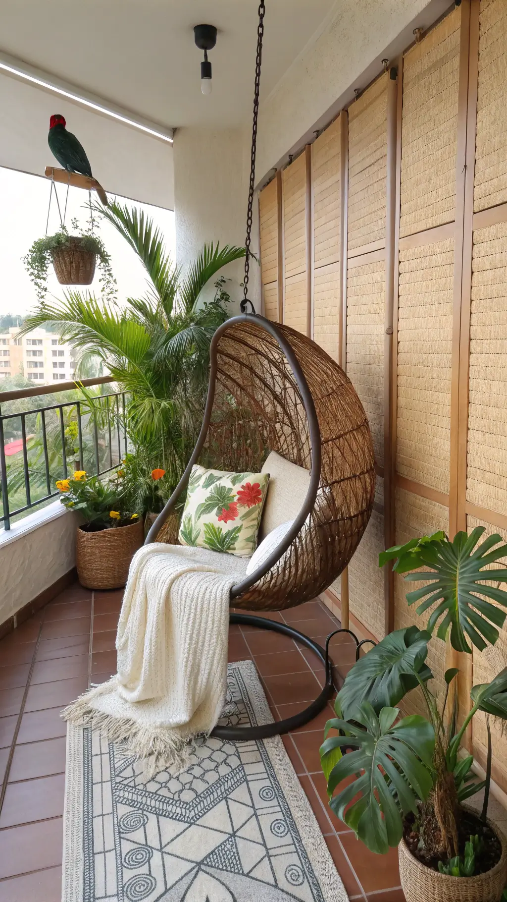 Brightly lit 6x6ft tropical themed balcony featuring rattan egg chair with palm print cushions, bamboo screens for privacy, various types of potted plants including bird of paradise, monstera and philodendron, terracotta tiles with mosaic details and brass accent tables holding cocktail accessories.