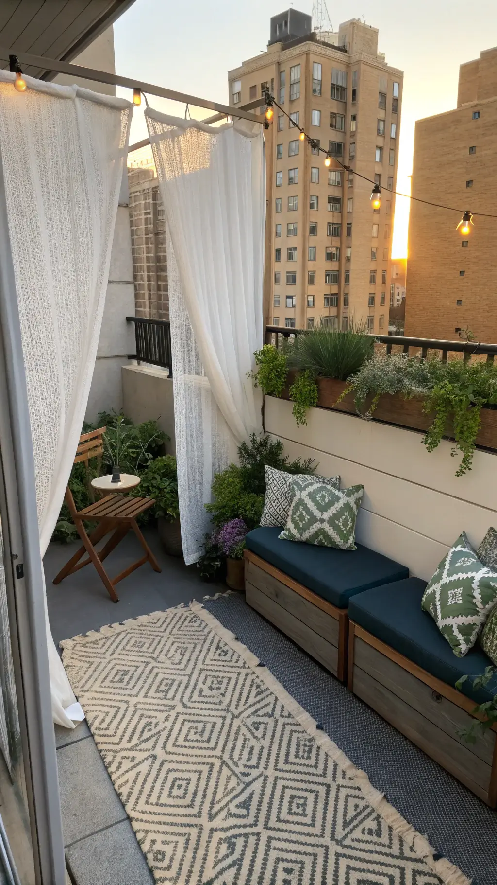 High angle view of an urban apartment patio at golden hour, featuring a teak bistro set, gray storage bench, geometric outdoor rug, sage green cushions, copper string lights, and mixed-height planters with pothos, lavender, and succulents