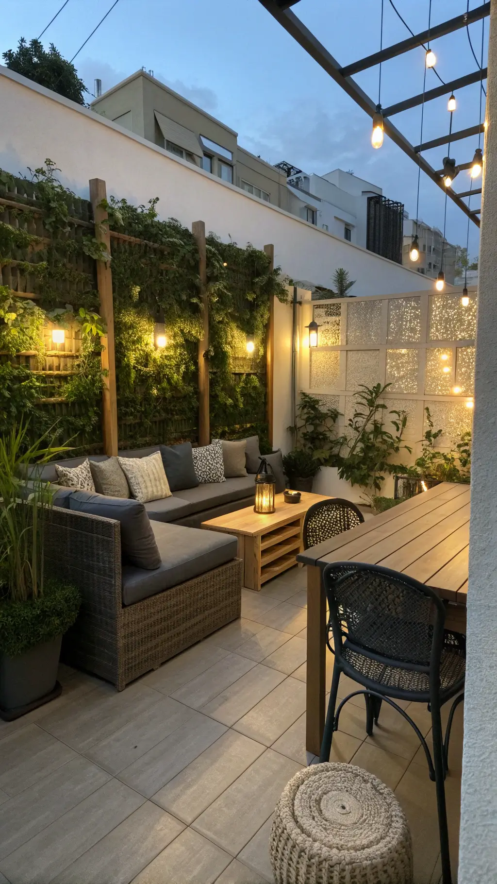 Twilight view of a small patio featuring vertical garden panels with LED lights, a gray loveseat with storage, collapsible acacia wood table, ivory pillows, a jute pouf, brass lanterns, and greenery for privacy.