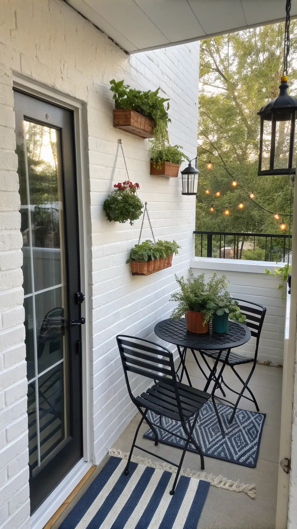 Corner patio with white brick walls, black metal bistro set, hanging planters with petunias and herbs, striped navy/white outdoor rug, copper solar lanterns and macramé plant hangers, bathed in morning light.