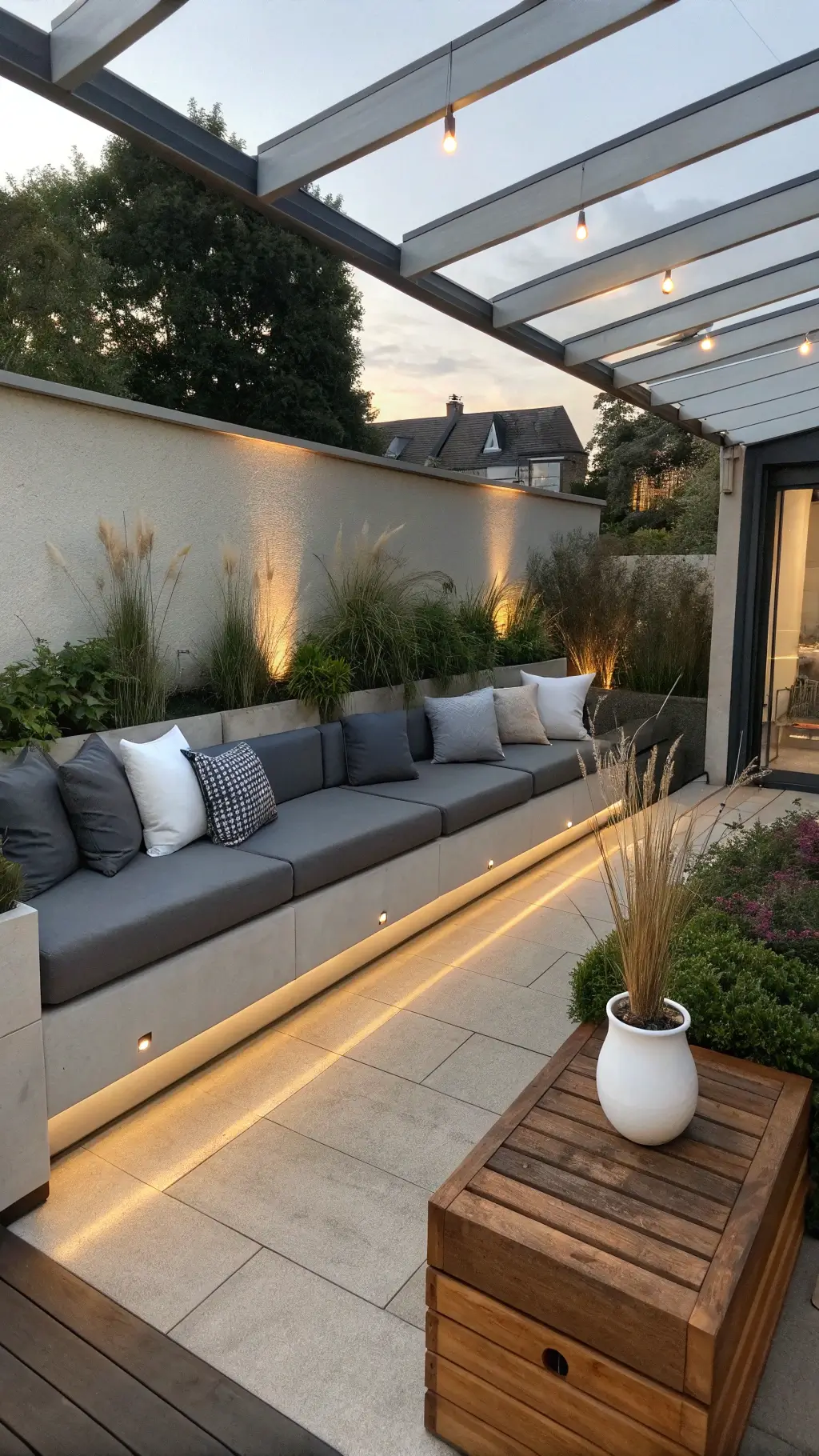 Dusk view of narrow patio with sleek gray modular seating, built-in planter boxes, weathered teak accent table, minimalist white pot collection, LED strip lighting, and silver outdoor pillows